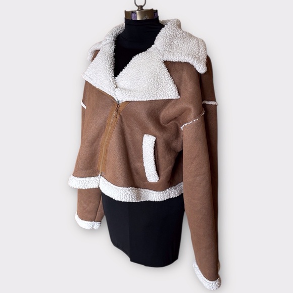 Cider Faux Shearling Brown and White Cropped Biker Teddy Jacket 1X - Picture 7 of 15
